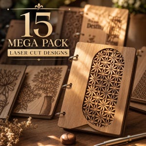 Peut inclure: Plusieurs carnets en bois découpés au laser avec des motifs complexes. Les carnets sont reliés par des anneaux métalliques et présentent divers motifs floraux et géométriques. L'image comprend le texte "15 MEGA PACK LASER CUT DESIGNS".