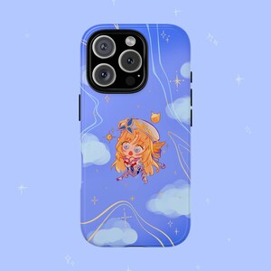 May include: A blue phone case featuring a cartoon illustration of a character with blonde hair, a white hat, and a red outfit. The case has a sky-blue background with clouds, stars, and gold lines.
