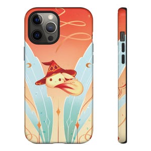 May include: A phone case featuring a cartoon fox wearing a witch hat. The design has a warm color palette of orange, red, and cream, with blue accents. The case has a glossy finish and a black camera cutout.