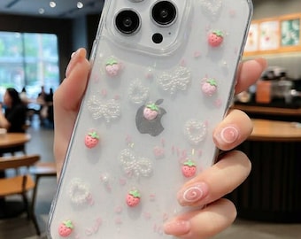 iPhone-hoesje aardbeienglitter, doorzichtige hoes strik Pearl epoxy