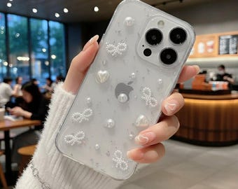Étui pour iPhone 3D Pearl Bowknot, feuille d'argent transparente