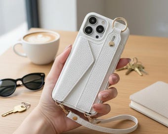PU Leather Crossbody iPhone Case with Card Holder, Wrist Strap