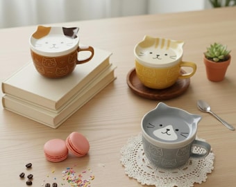 Keramische kattenmok met deksel: Japanse cartoonkoffie-theekop voor kattenliefhebbers