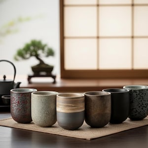 Puede incluir: Seis tazas de té de cerámica en varios colores y texturas, dispuestas sobre una esterilla tejida. Una tetera negra y un bonsái son visibles en el fondo, sugiriendo una ceremonia del té.