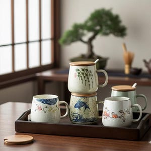 May include: A collection of ceramic mugs with lids and spoons, featuring Japanese-inspired designs. The mugs are in various colors, including white, blue, and green, with floral, fish, and bird motifs. They sit on a dark wooden tray.