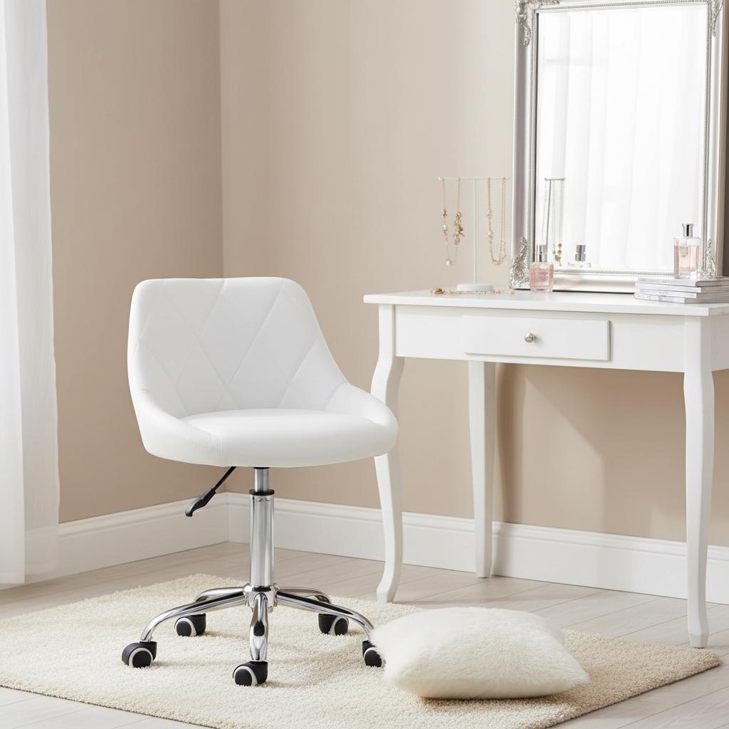 QXDRAGON Rolling Stool With Wheels Adjustable Height Vanity Stool PU Leather Swivel Salon Stool White