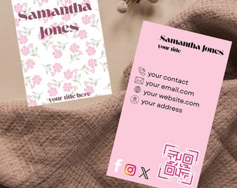 canva editable business card template Pink Floral Business Card Template, Feminine Business Card,digital card, Aesthetic QR Code  Card