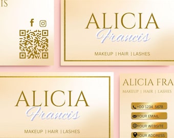 Plantilla de tarjeta de presentación para maquilladora en tonos dorado y beige / Editable en Canva (Descarga instantánea)