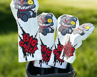 Juego de fundas para palos de golf Big Crazy Zombie Bear, fundas blancas bordadas para driver, fairway e híbrido, regalo de golf genial para hombres.
