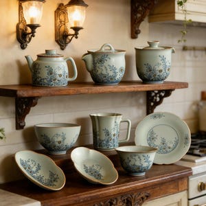May include: A collection of light blue ceramic tableware with a floral and rabbit design. The set includes a teapot, a creamer, a sugar bowl, a mug, bowls, plates, and serving dishes. The rims are trimmed in a gold color.