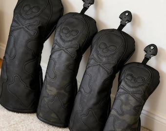 Fundas para palos de golf Spooky Bomb, de cuero negro y rojo