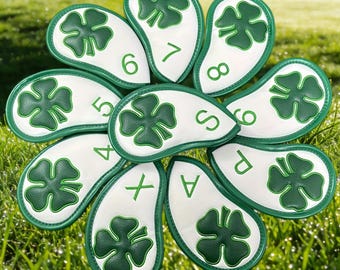 Juego de fundas para hierros de golf Lucky Clover. Fundas bordadas con trébol de cuatro hojas. Compatibles con hierros del 4 al PW, AW, SW, X.