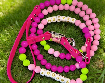 Collar personalizado con cuentas en rosa neón y verde para mascotas, collar personalizado con nombre, collar de silicona duradero con cuentas para cachorros, regalo de San Valentín.