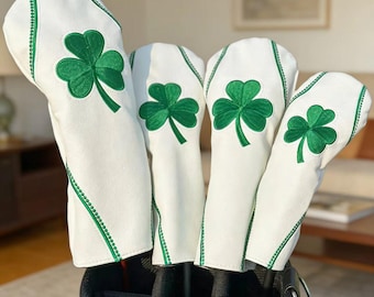 Fundas para palos de golf "Good Luck Clover" / Juego completo / Diseño de trébol bordado / Elegante protección verde para palos de golf