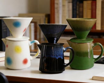 Juego de café vertido de cerámica artesanal – Azul retro degradado, Home Barista