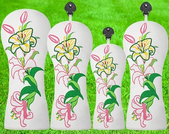 Fundas para palos de golf con flores de lirio bordadas / Juego de 4 / Fundas florales para driver, fairway e híbridos / Regalo para golfistas