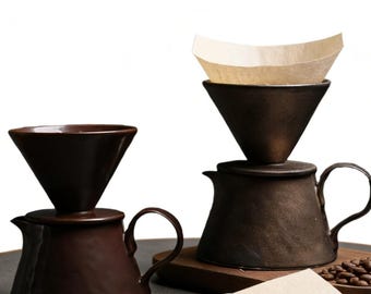 Juego de café de cerámica hecho a mano con filtro de vertido, esmaltado en bronce, estilo rústico.