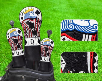 Juego de fundas para palos de golf Reina de Picas / Fundas para driver, fairway e híbrido con diseño de naipes / Regalo de golf único para hombres