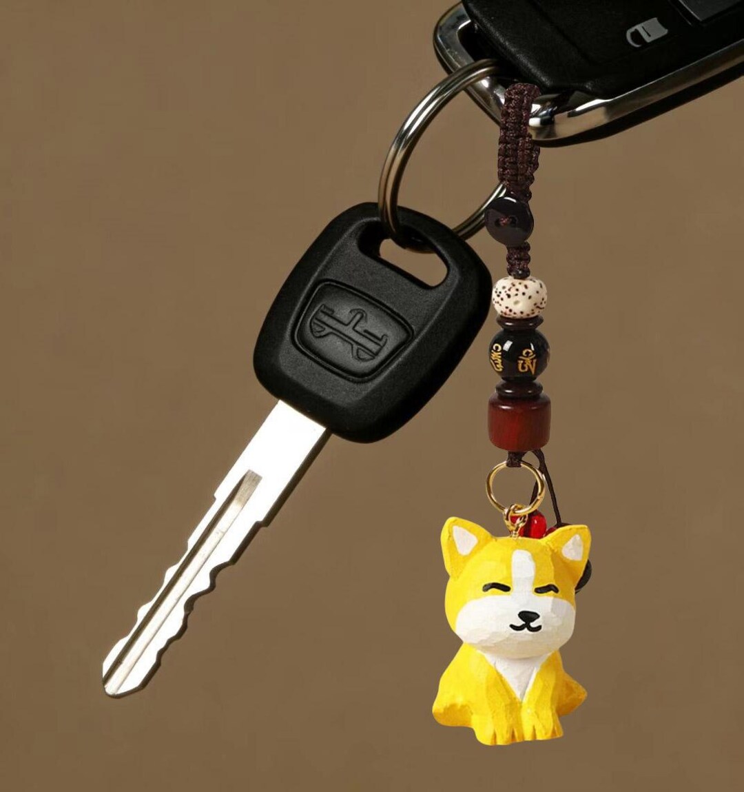 Hand-carved Shiba Inu Wooden Charm – Japanese Lucky Keychain With Bell ...