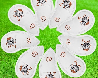 Fundas para palos de golf con personajes de pelotas de hierro / Juego de 10 / Divertidas fundas bordadas para palos de golf / Regalo para golfistas