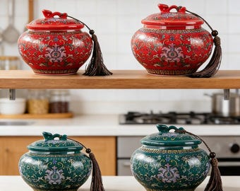 Recipiente hermético para té de cerámica con borla, hecho a mano, color amarillo, ideal para café, té de flores y condimentos.