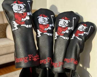 Fundas de golf Bulldog "Dawg Fight" bordadas, juego completo (Driver, Fairway, Híbrido), de cuero sintético negro premium, protección Team Spirit Golf