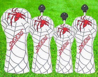Fundas blancas con diseño de telaraña para palos de golf / Juego de driver, madera de calle e híbrido con bordado de araña roja / Fundas universales para palos de golf