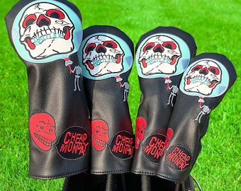 Juego de fundas para palos de golf con diseño de calavera y globo, 4 piezas para driver, fairway e híbridos, y accesorios bordados con esqueleto.