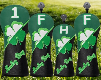 Juego de fundas para palos de golf con diseño de trébol de cuatro hojas. Accesorio de golf de la suerte. Regalo de San Patricio para golfistas.