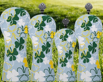 Juego de fundas para palos de golf con diseño de trébol azul pastel. Fundas coloridas de cuatro hojas para driver, fairway e híbrido. Fundas para palos de golf para el Día de San Patricio.