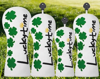 Fundas para palos de golf White Clover "Lucky Time" con bordado, juego de driver y madera de calle. Juego de fundas para palos de golf Lucky Clover. Regalo perfecto para golfistas.