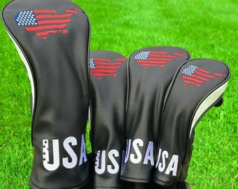 Fundas para palos de golf con la bandera y el mapa de EE. UU. / Juego de fundas bordadas para driver, fairway, híbrido y putter con la bandera estadounidense