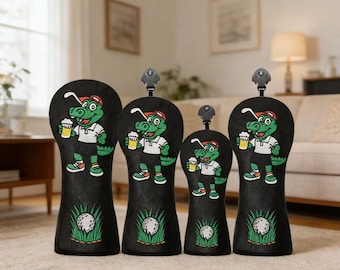 Fundas de palo de golf con diseño de cocodrilo, bordado de caimán, juego completo, piel sintética negra de primera calidad, protección para palos de golf