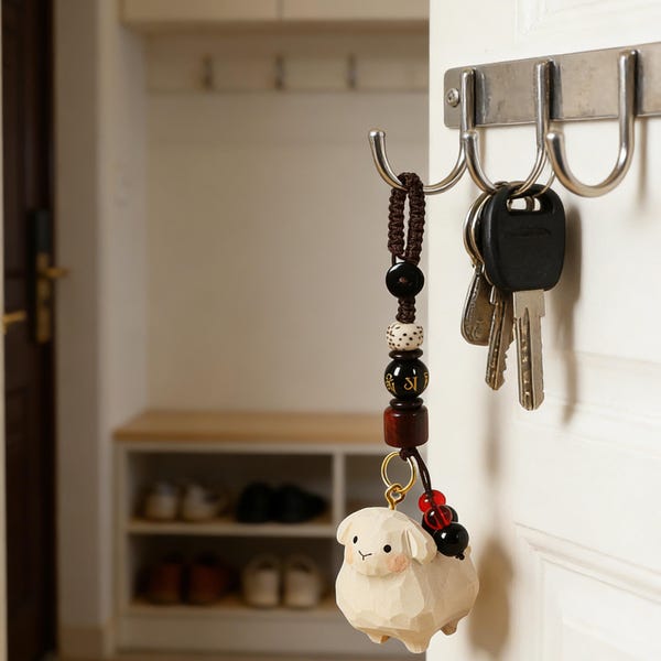 Chaveiro de ovelha de madeira kawaii feito à mão, pingente rústico com miçangas.