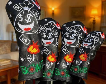 Fundas para palos de golf Money Bomb, protectores de cuero bordados