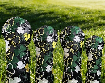 Fundas para palos de golf del Día de San Patricio con bordado de trébol. Juego de golf con fundas coloridas de trébol de cuatro hojas para driver, fairway e híbrido.