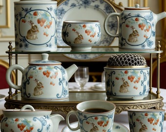 Vajilla de cerámica con forma de conejito y fresa pintada a mano / Cerámica artesanal / Regalo único para amantes del té, mamá o inauguración de la casa