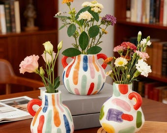 Juego de jarrones de cerámica abstractos coloridos: jarrones de cerámica jaspeada pintados a mano con asa, decoración caprichosa para el hogar, ideal para estanterías y mesas.