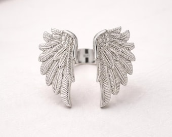 Minimalist Silver Angel Wing Ring, Adjustable Guardian Angel Jewelry, Memorial Gift for Her, Statement Feather Ring, Dainty Spiritual Ring