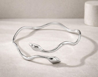 Modern Silver Snake Cuff Bracelet, Adjustable Snake Wrap Bracelet, Serpent Bangle for Her Silver Animal Jewelry, Medusa Jewelry Gift for Her