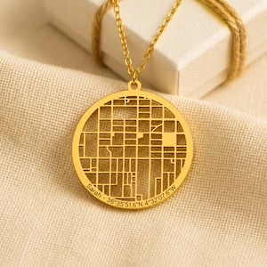 Personalized Gold Map Necklace Custom Location Pendant GPS Coordinates Jewelry Travel Memory Gift Anniversary Gift Unique Keepsake