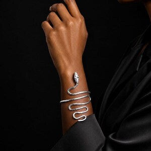 Può includere: Un bracciale color argento a forma di serpente che si avvolge attorno all'avambraccio. La superficie metallica presenta una finitura martellata e testurizzata, mentre la testa del serpente è posizionata vicino al polso con un design appuntito.