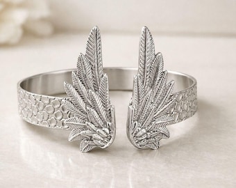 Silver Angel Wing Cuff Bracelet, Adjustable Feather Bangle for Women, Guardian Angel Jewelry, Memorial Gift for Her, Boho Wing Bracelet Cuff