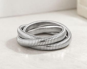 Silver Snake Chain Bracelet Triple Wrap Cobra Bracelet Minimalist Silver Plated Brass Bangle Stackable Gas Pipe Jewelry Gift for Her for Mom