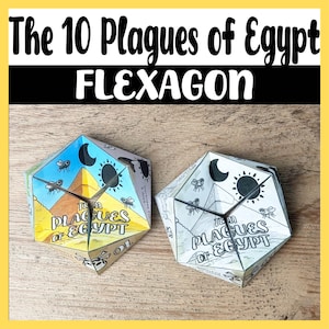 May include: Two hexagonal paper crafts, one colored and one black and white, with the text "The 10 Plagues of Egypt" and "FLEXAGON". The colored one has illustrations of flies, a sun, a moon, and pyramids. The black and white one has similar illustrations.