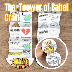 May include: A paper craft project depicting the Tower of Babel story, featuring accordion-folded panels with text and illustrations including a globe, a broken heart, and speech bubbles. A circular version of the tower design is also shown.