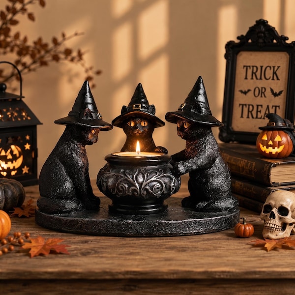 Witch Cat Decor Candleholder Gothic Halloween Gift Men Idea Spooky Home Accent Witchy Altar Accessory Black Resin Sculpture Centerpiece