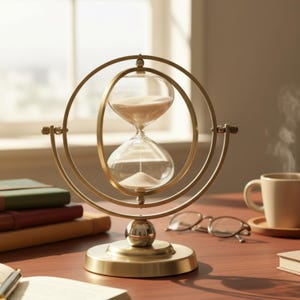 Vintage Style Hourglass Rotating Sand Timer Elegant Metal Frame Construction Decorative Glass Display Piece Sophisticated Desk Accessory Swivel Design Feature Timeless Office Decoration Classic Time Keeping Device Artistic Home Addition