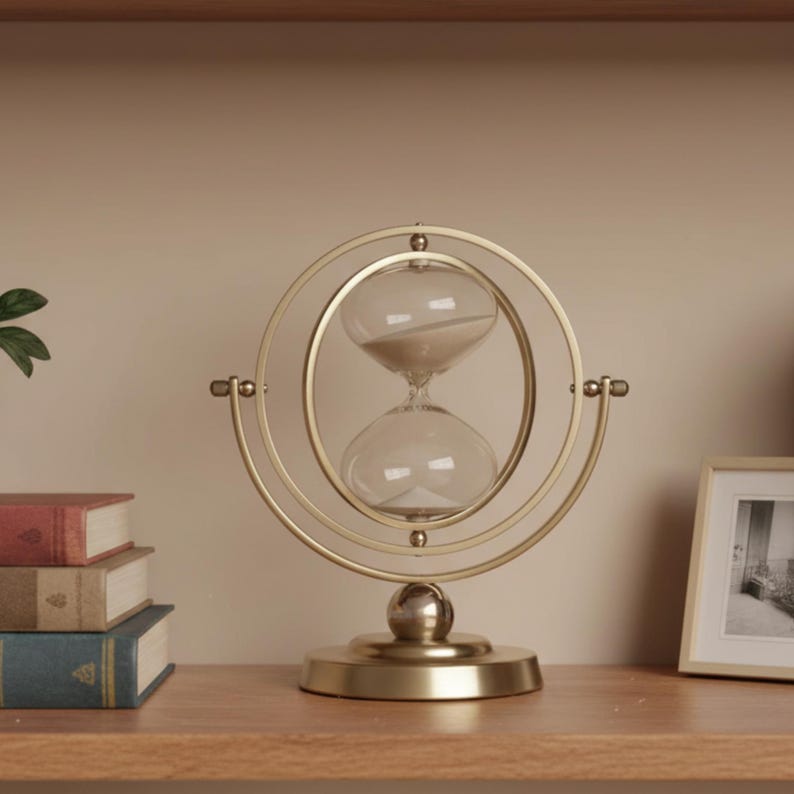 Versatile Desk Accessory Rotating Sand Timer Functional Office Decor Meditation Time Keeper Elegant Metal Frame Construction Decorative Glass Hourglass Display Swivel Design Feature Beautiful Sand Flow Movement Professional Workspace