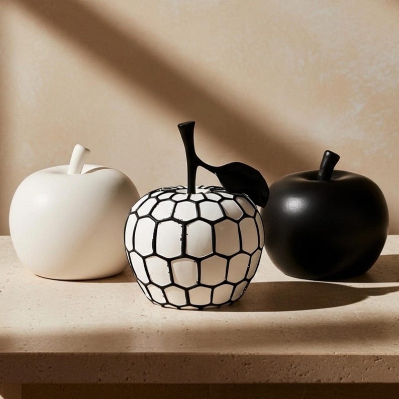 Striped Apple Ornament Black White Sculpture Modern Fruit Design Artistic Home Accent Contemporary Desk Decoration Resin Art Object Minimalist Style Display Piece Monochrome Interior Accessory Nordic Aesthetic Office Decor Elegant Shelf